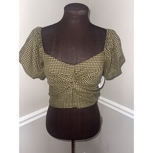 Rabbit Rose Gingham Plaid Puff Sleeve Crop Top Y2K‎ Coquette Size M Black Gold